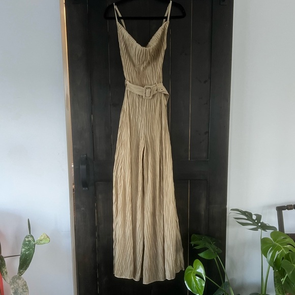 PrettyLittleThing Pants - Pretty little thing NWT stone beige textured belted cowl neck wide leg jump suit